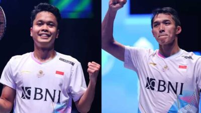 Anthony Ginting dan Jonatan Christie akan saling 'bunuh' pada laga final All England Open 2024 yang akan dilangsungkan di Utilita Arena, Birmingham, Inggris, Minggu (17/3/2024) sore ini.
