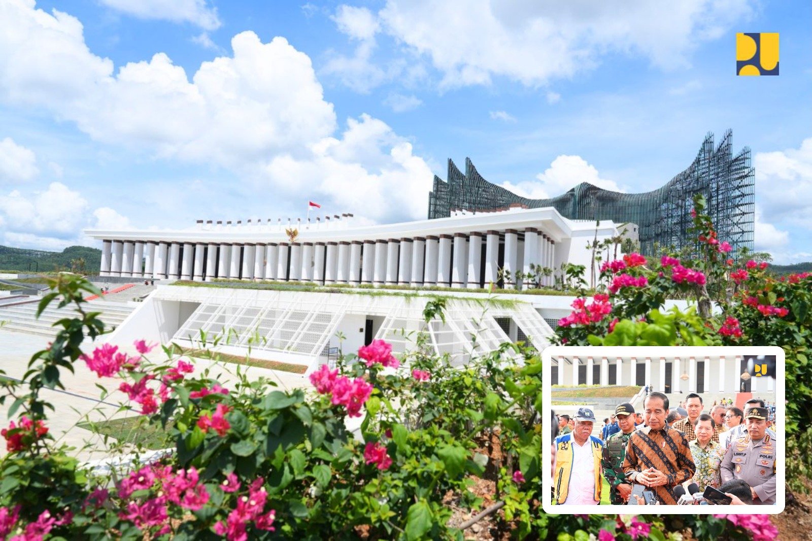 Karya anak bangsa Istana Negara di IKN menerapkan kaidah Bangunan Gedung Hijau. Insert: Menteri Basuki mendampingi Presiden Joko Widodo saat peresmian Istana Negara Jumat (11/10).