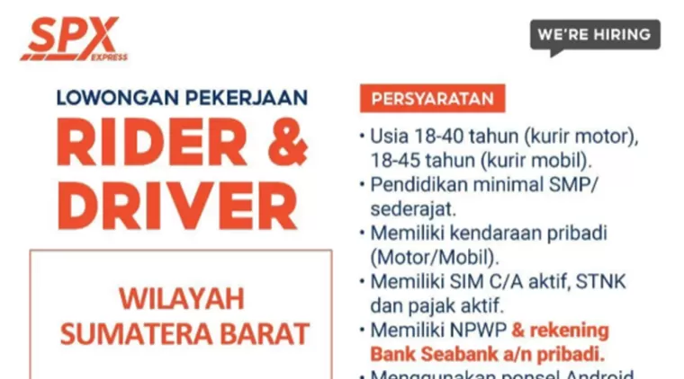 Lowongan Kerja SPX Express Sumatera Barat, Dibutuhkan Rider & Driver Januari 2025