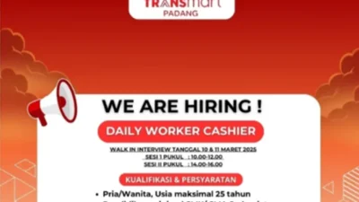 Lowongan Kerja Transmart Padang! Daily Worker Cashier, Walk-in Interview 10-11 Maret 2025