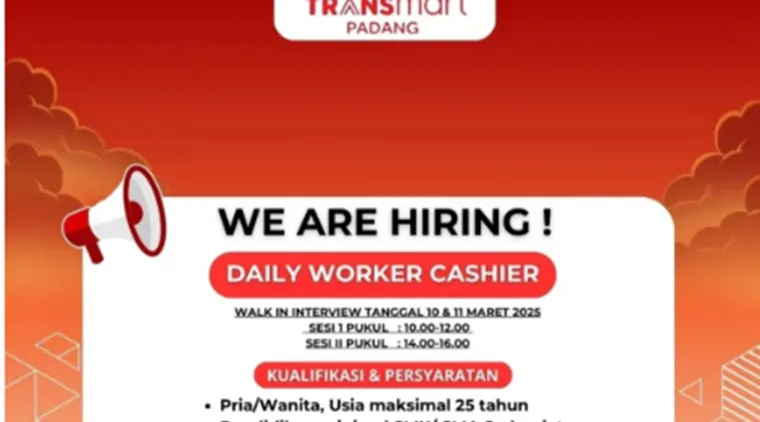 Lowongan Kerja Transmart Padang! Daily Worker Cashier, Walk-in Interview 10-11 Maret 2025