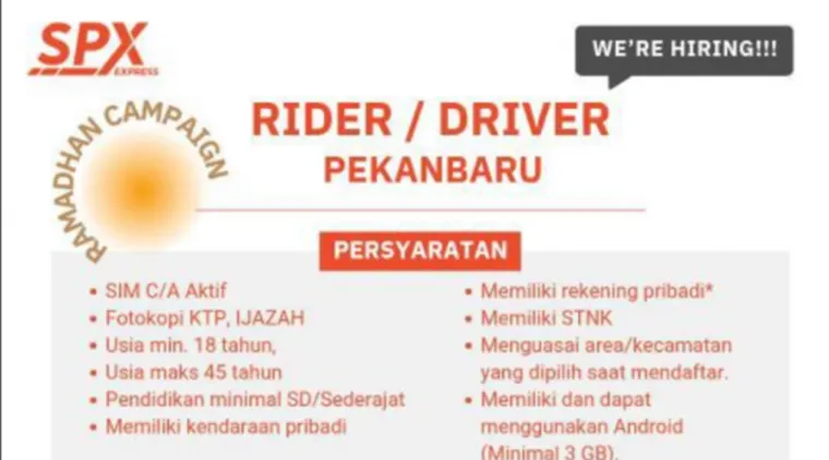 SPX Express Cari Rider/Driver di Pekanbaru, Gaji Kompetitif & Jam ...