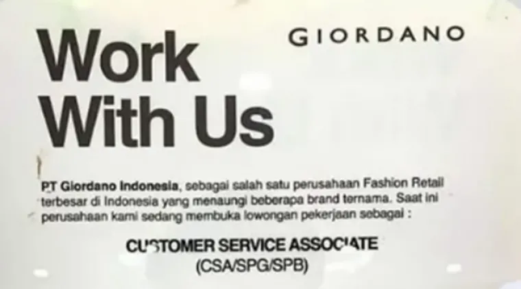 Giordano Buka Lowongan Customer Service Associate di Padang, Cek Syaratnya di Sini!
