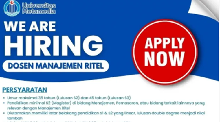 Universitas Metamedia Buka Lowongan Dosen Manajemen Ritel, Deadline 29 Juni 2025.