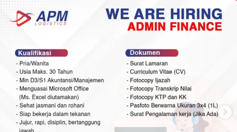 APM Logistics Buka Lowongan Admin Finance, Penempatan Dharmasraya!