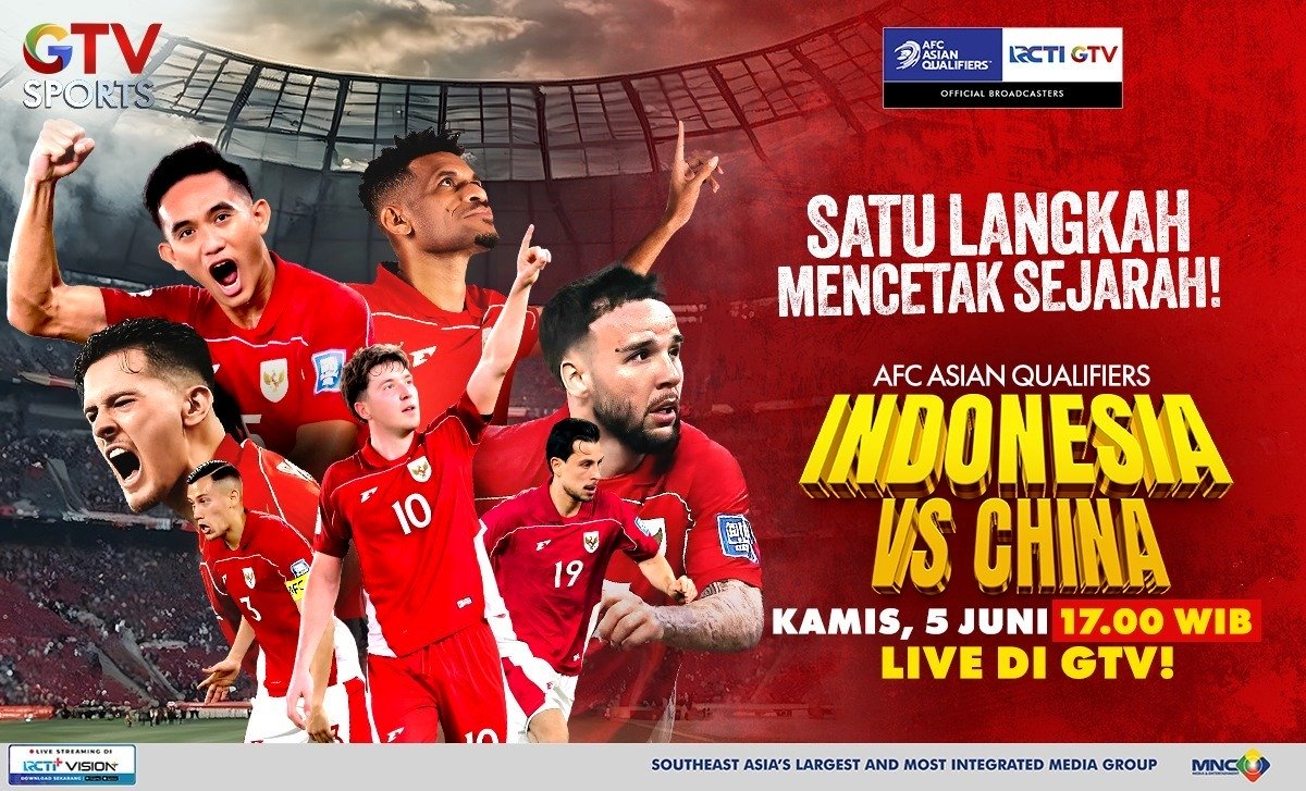 Simak jadwal siaran langsung Timnas Indonesia vs Timnas China di Kualifikasi Piala Dunia 2026 yang disiarkan langsung GTV.