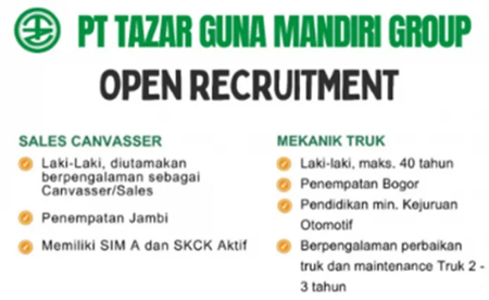 PT. Tazar Guna Mandiri Group Buka Lowongan! Cek Posisi Sales, Mekanik, dan Driver di Sini.