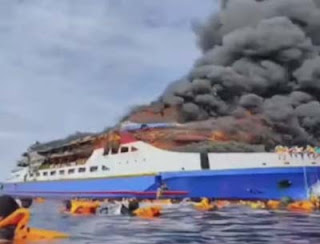 KM Barcelona 5 terbakar hebat di perairan Pulau Talise