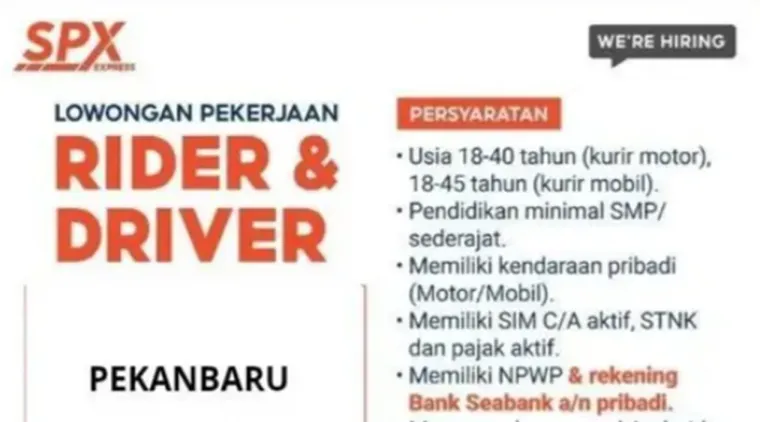 SPX Express Pekanbaru Buka Lowongan Rider & Driver, Gaji Menarik dan Lingkungan Kerja Profesional!