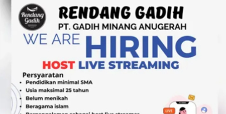 PT Gadih Minang Anugerah Buka Lowongan Host Live Streaming, Penempatan Payakumbuh.