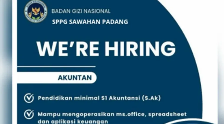 Lowongan Kerja Akuntan di Badan Gizi Nasional SPPG Sawahan Padang, Batas Daftar 14 September 2025.