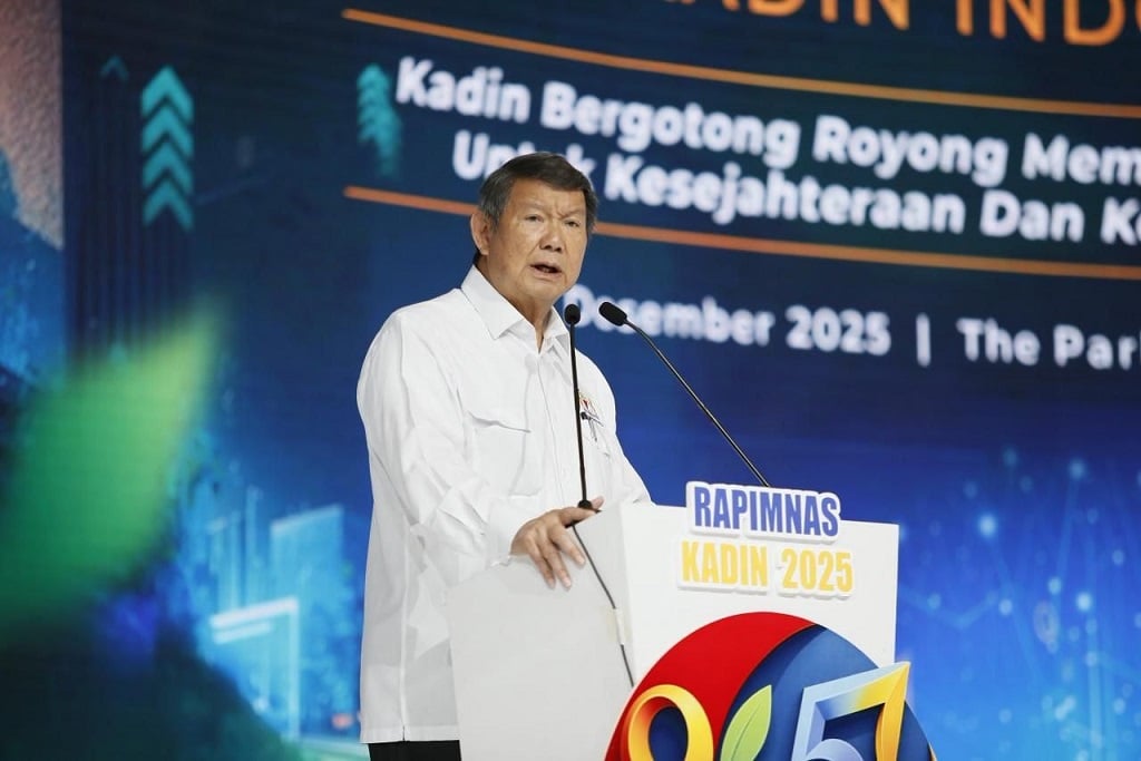 Ketua Dewan Penasihat Kadin Indonesia, Hashim Djojohadikusumo dalam penutupan Rapimnas Kadin Indonesia 2025 di The Park Hyatt Indonesia, Jakarta Pusat, Selasa (2/12/2025).