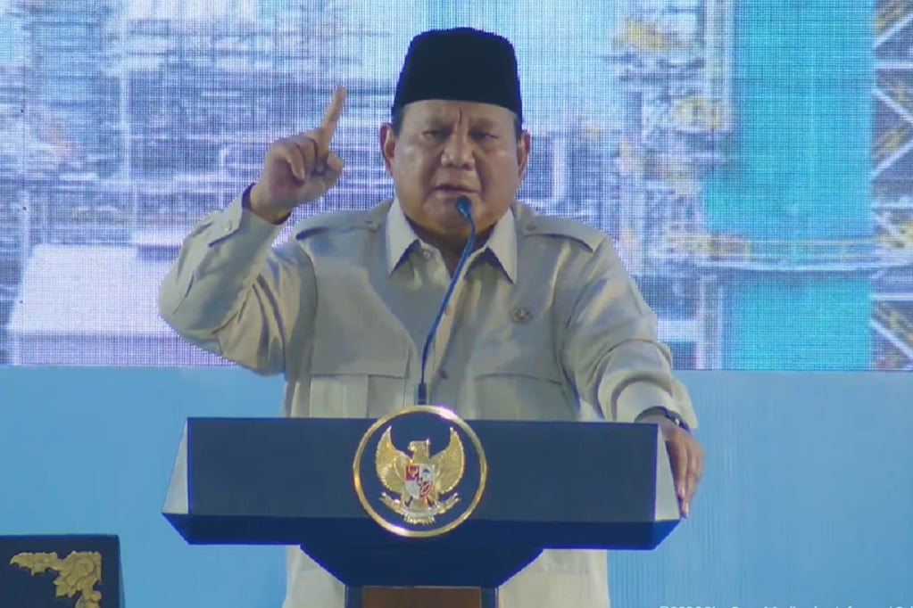 Presiden Prabowo Subianto saat memberikan sambutan di acara peresmian Infrastruktur Energi Terintegrasi Pertamina RDMP di Balikpapan, Kalimantan Timur (Kaltim), Senin (12/1/2026).