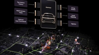 CEO NVIDIA Jensen Huang memamerkan Alpamayo pada CES 2026.