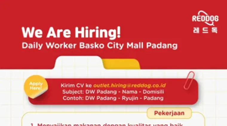 Lowongan Daily Worker di Reddog Basko City Mall Padang, Segera Kirim CV Anda!