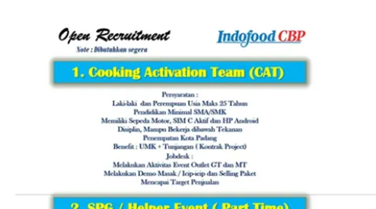 PT. Indofood CBP Buka Lowongan di Kota Padang, Posisi Cooking Activation Team & SPG/Helper Event.
