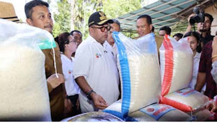Wali Kota Pariaman Yota Balad, Wakil Gubernur DKI Jakarta Rano Karno dan Wagub Sumbar Vasko Ruseimy mengecek beras produk pertanian Pariaman.