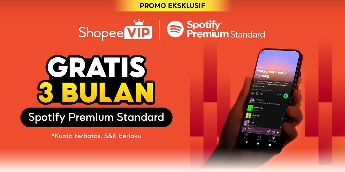 Para anggota Shopee VIP kini bisa menikmati layanan Spotify Premium Standard secara gratis selama 3 bulan.