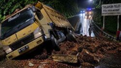 Truk bermuatan kelapa sawit mengalami kecelakaan.