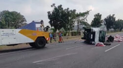 Mobil pikap muatan kacang merah terguling