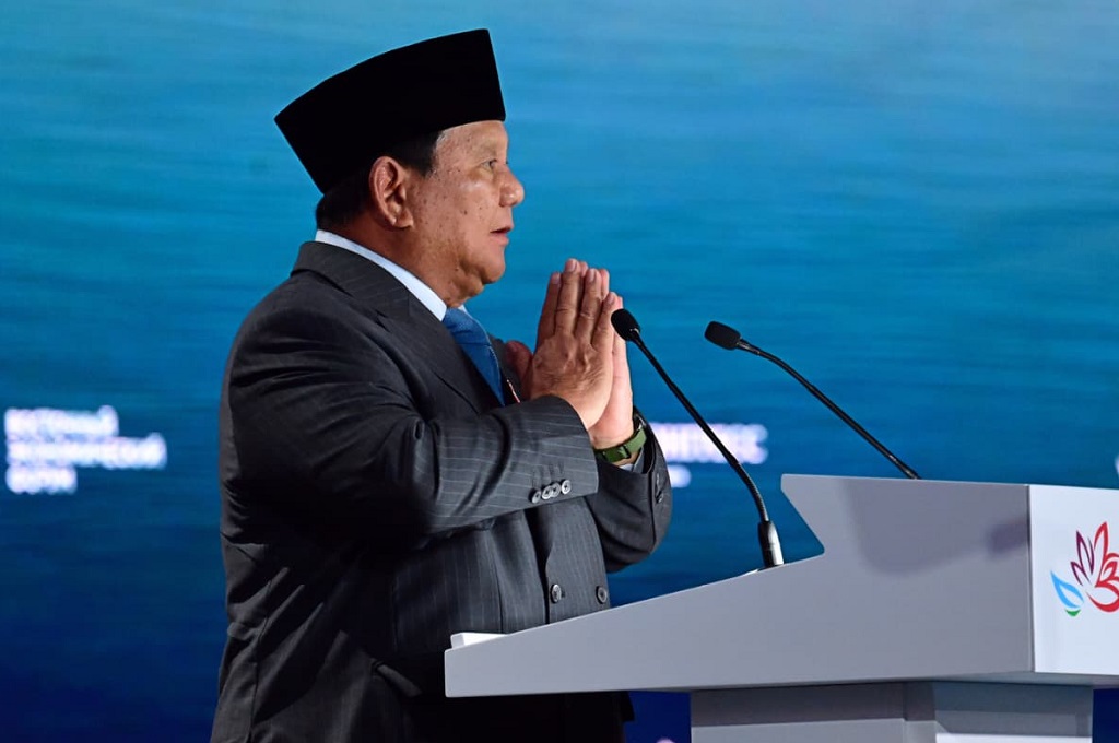 Presiden Prabowo Subianto saat berpidato dalam Eastern Economic Forum (EEF) ke-11 di Vladivostok, Rusia, Kamis (3/9/2026).
